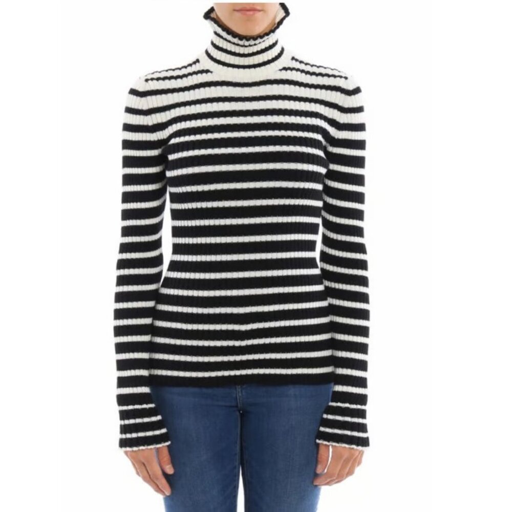 MSGM Black White Striped Turtleneck Sweater‎ Size M Wool Blend Lettuce Edge